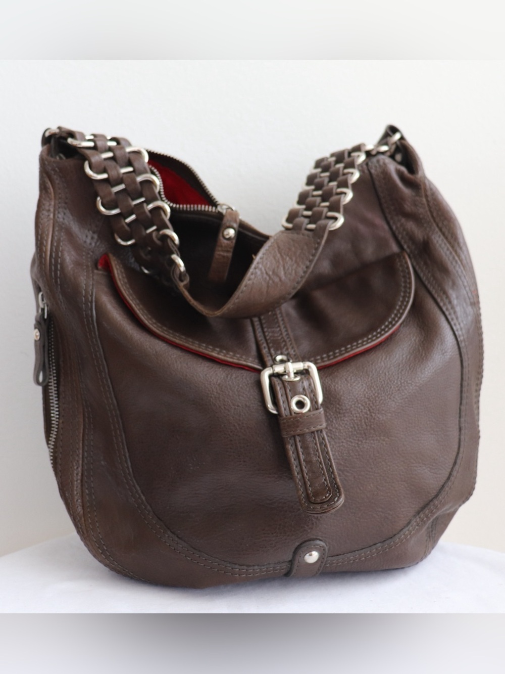 Tano Purse - Dark Brown Shoulder Bag Metal Hardware Red Lining